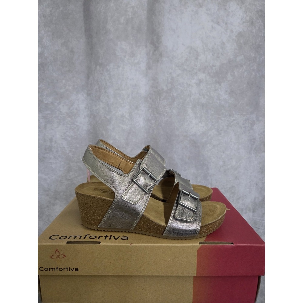 Comfortiva Erlina Grey-Gold Women's‎ Size 9.5– Pillowtop Wedge Sandals (#D30)